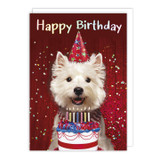 White Party Pup with Cake, Birthday Card