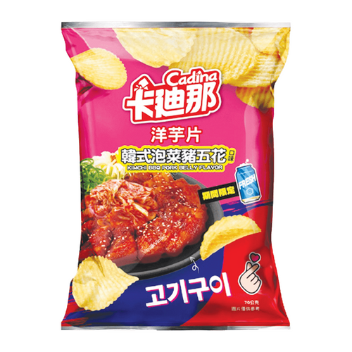 CADINA Potato Chips Crinkle Cut Kimchi BBQ Pork Belly Flv | 卡迪那 波浪薯片 韓式泡菜豬五花味 75g