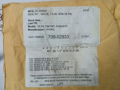 Ge Hydril 20-504046 Seal Kit For Spm Valve 3K Psi 1.5 In. Rev.A4