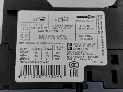 Siemens 3Rv2021-4Da10 Circuit Breaker For Motor Protection 480V 50/60Hz
