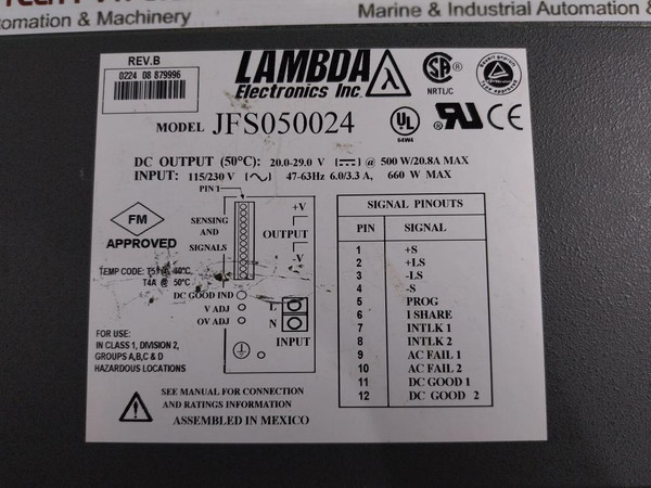 Lambda Electronics Jfs050024 Power Supply Input Rev.B 94V-0, 0224 08 879996 