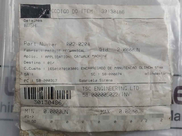 Patriot 002-0204 Bush For Catwalk Machine