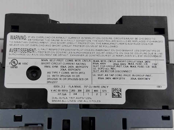 Siemens 3Rv2011-1Da10 Sirius Motor Protection Circuit Breaker 600V 50/60 Hz