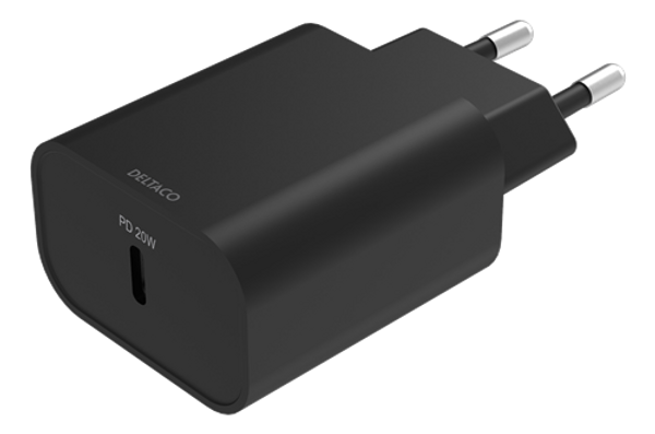 DELTACO USB-C wall charg., 1x USB-CPD, 20 W, black