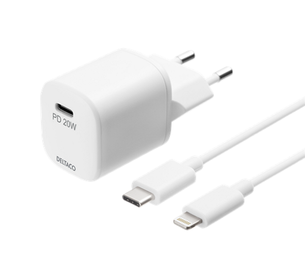 DELTACO USB wall charger, USB-C, 20 W, 1M Lightnin