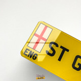 The leftmost edge of a rear number plate featuring the St George's flag and the letters ENG