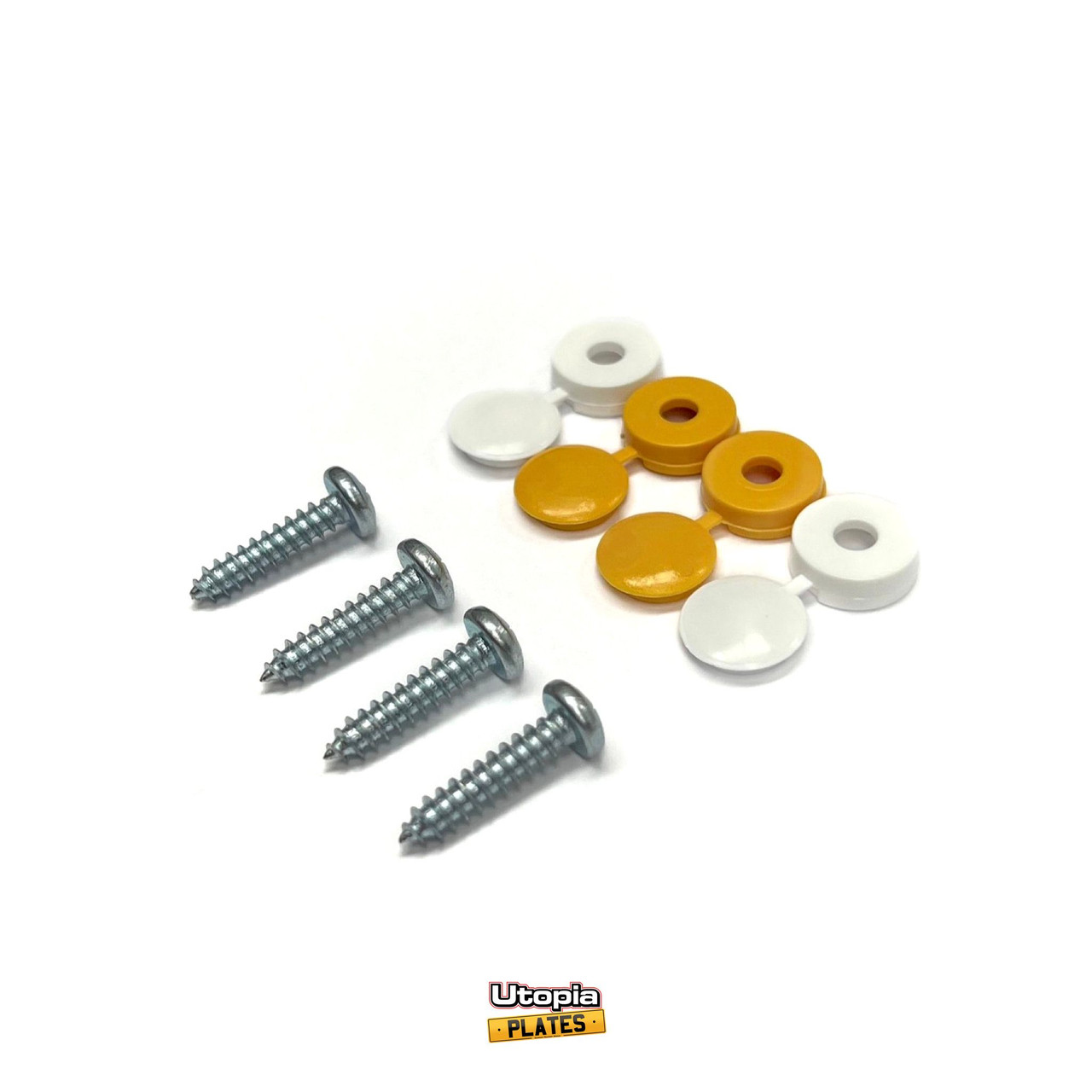 A number plate screw fixing kit consisting of 4 screws, 2 yellow caps and 2 white caps