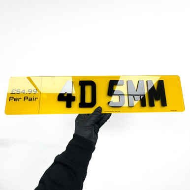 4D number plate with 5mm laser-cut acrylic letters standing proud of the yellow plate