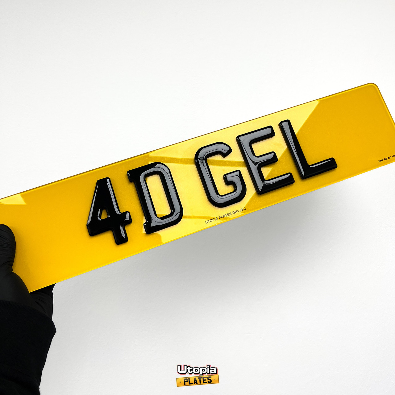 4D 3mm number plate with Gel showcasing raised lettering and a glossy 3D resin coating, combining elegance and depth for a luxurious look.