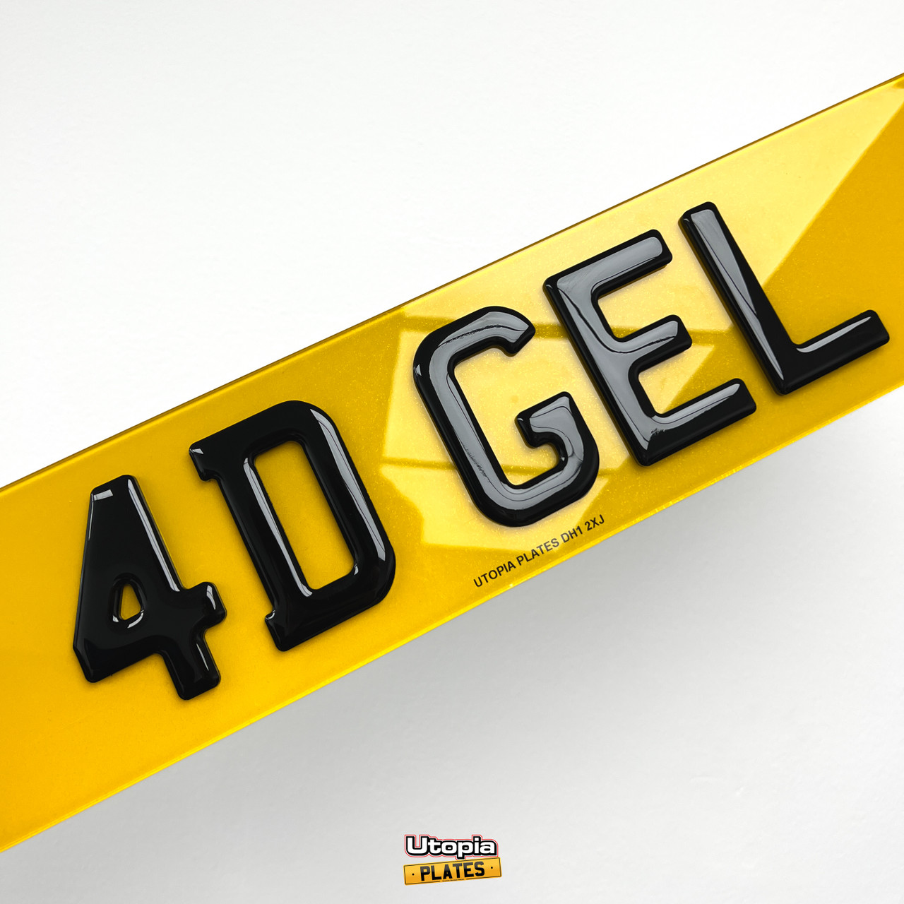 Close-up of a 4D 3mm number plate with Gel featuring laser-cut lettering and a smooth 3D resin layer, adding a tactile and high-end finish.