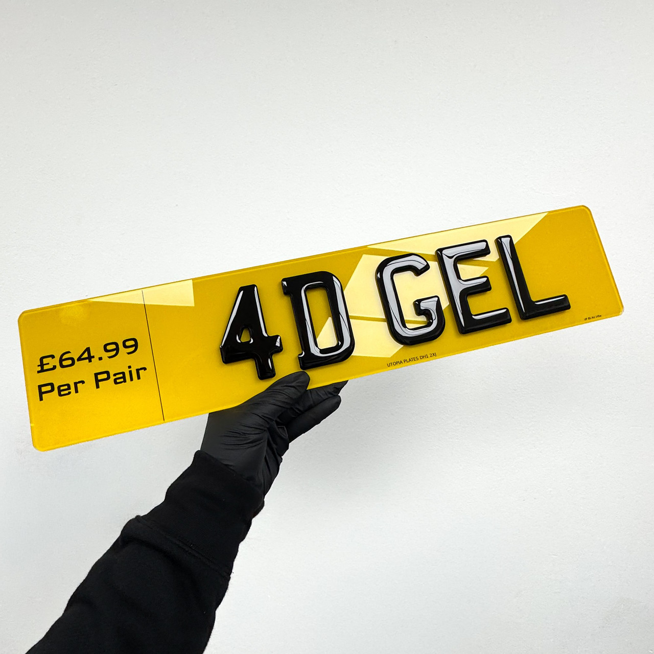 Angled 4D gel number plate combining raised acrylic letters with a glossy gel domed finish