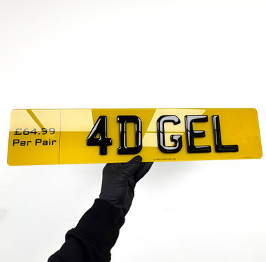 4D gel number plate combining raised acrylic letters with a glossy gel domed finish