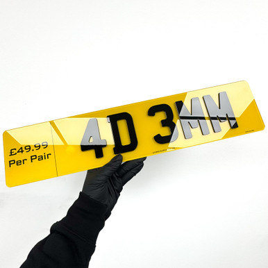 4D number plate with 3mm laser-cut acrylic letters raised from a yellow rear plate