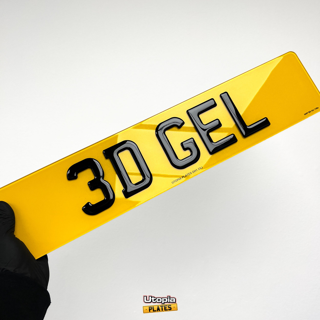 High-resolution image of Utopia Plates 3D gel number plates highlighting the texture and quality