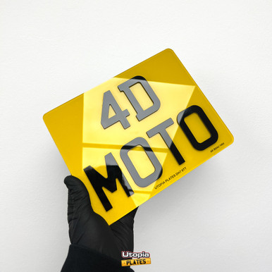 9 inch by 7 inch motorbike rear number plate featuring 4D 3mm lettering