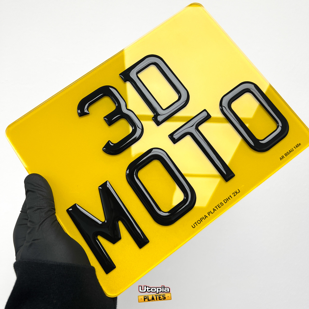 Detailed view of 3D Gel resin lettering on a motorbike rear number plate