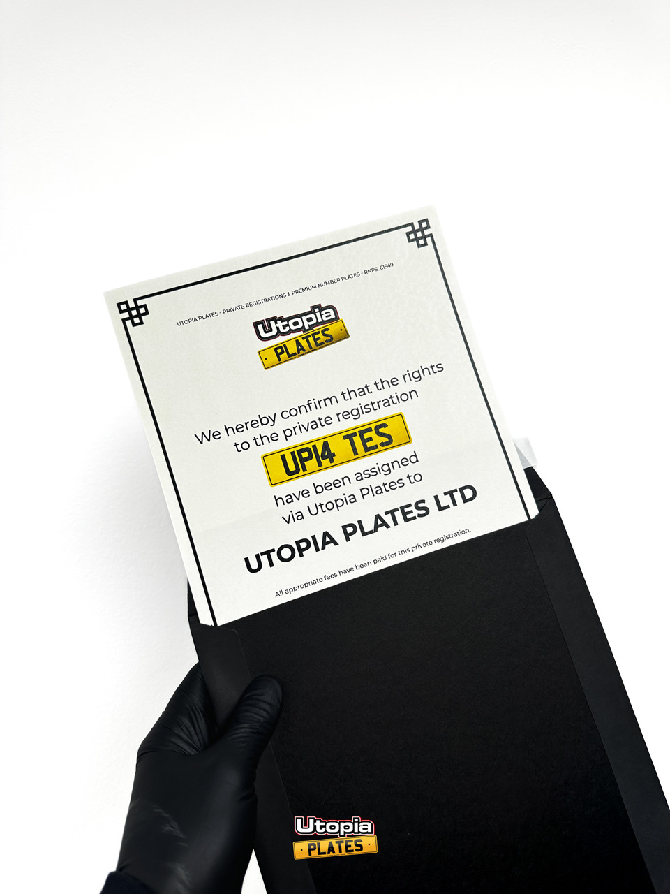 Utopia Plates private reg presentation certificate half in jet black envelope