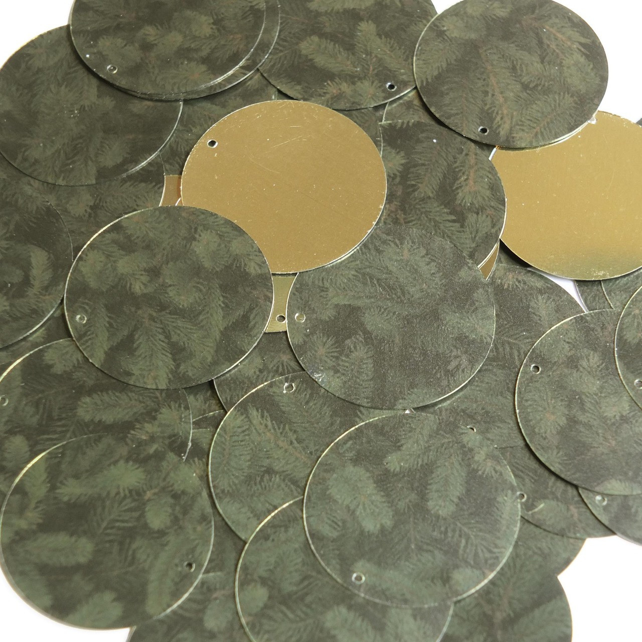 30mm Sequins Green Pine Leaf Bough Gold Metallic