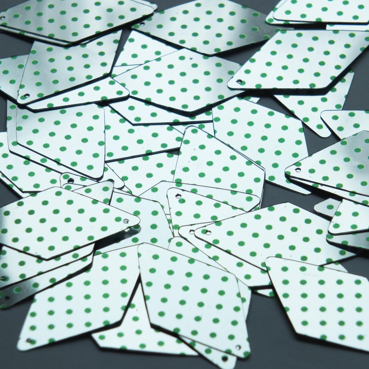 Long Diamond Sequin 1.75" Green Polka Dot on Silver Metallic