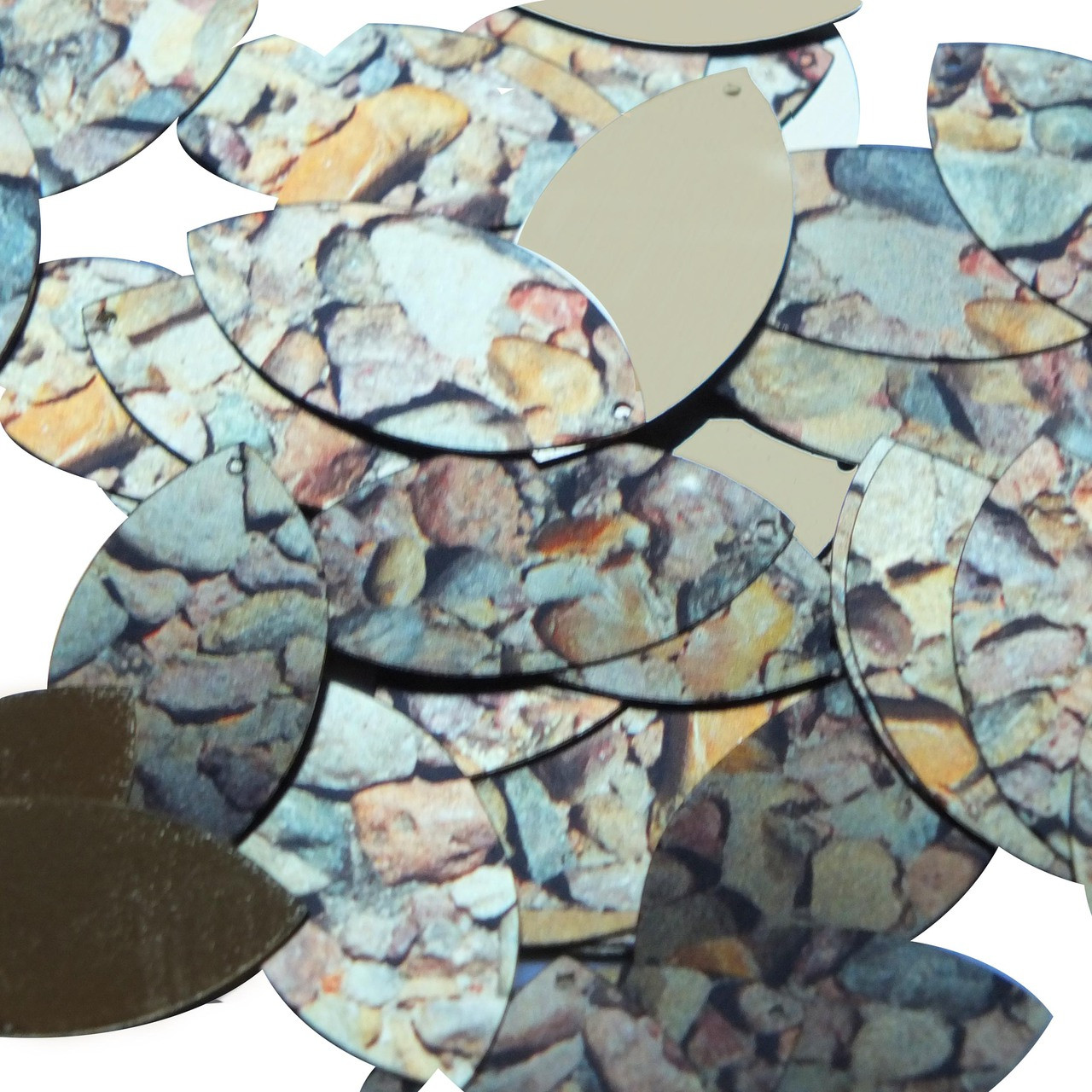 Navette Leaf Sequin 1.5" Brown Stone Rocks Pebbles Grave Metallic