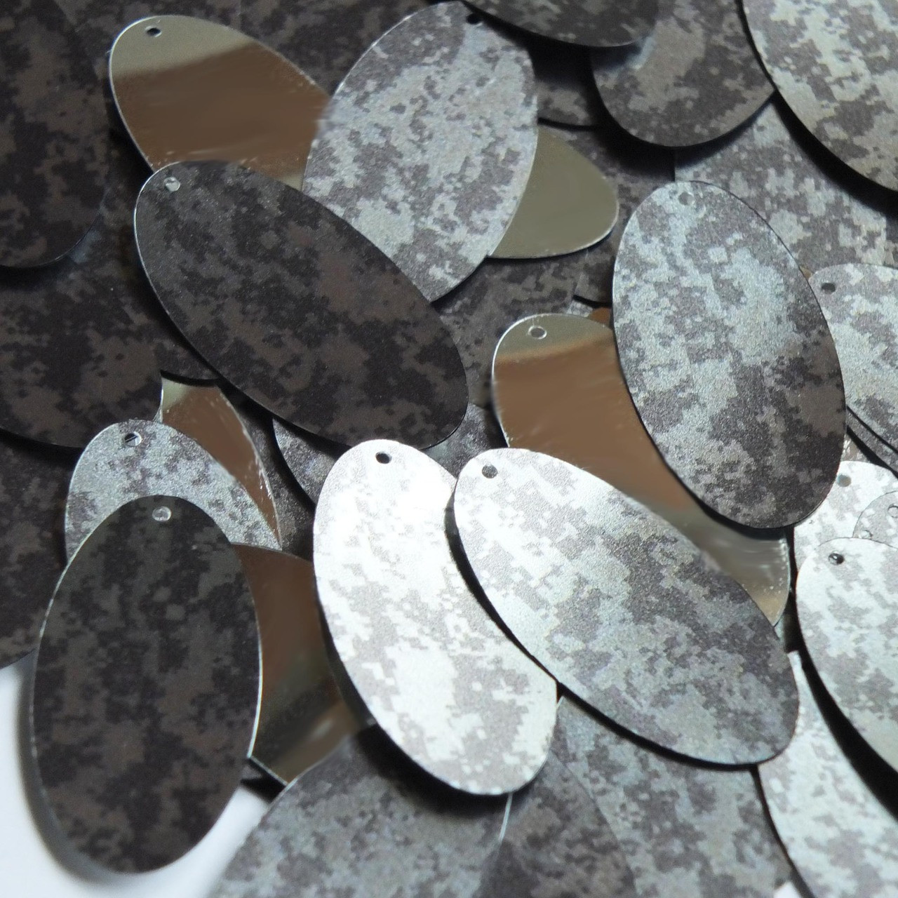 Oval Sequin 1.5" Digi Ice Camo Camouflage Gray Black Metallic