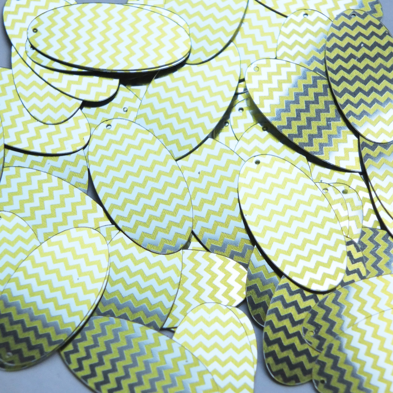 Oval Sequin 1.5" Yellow Silver Chevron Zig Zag Pattern Metallic