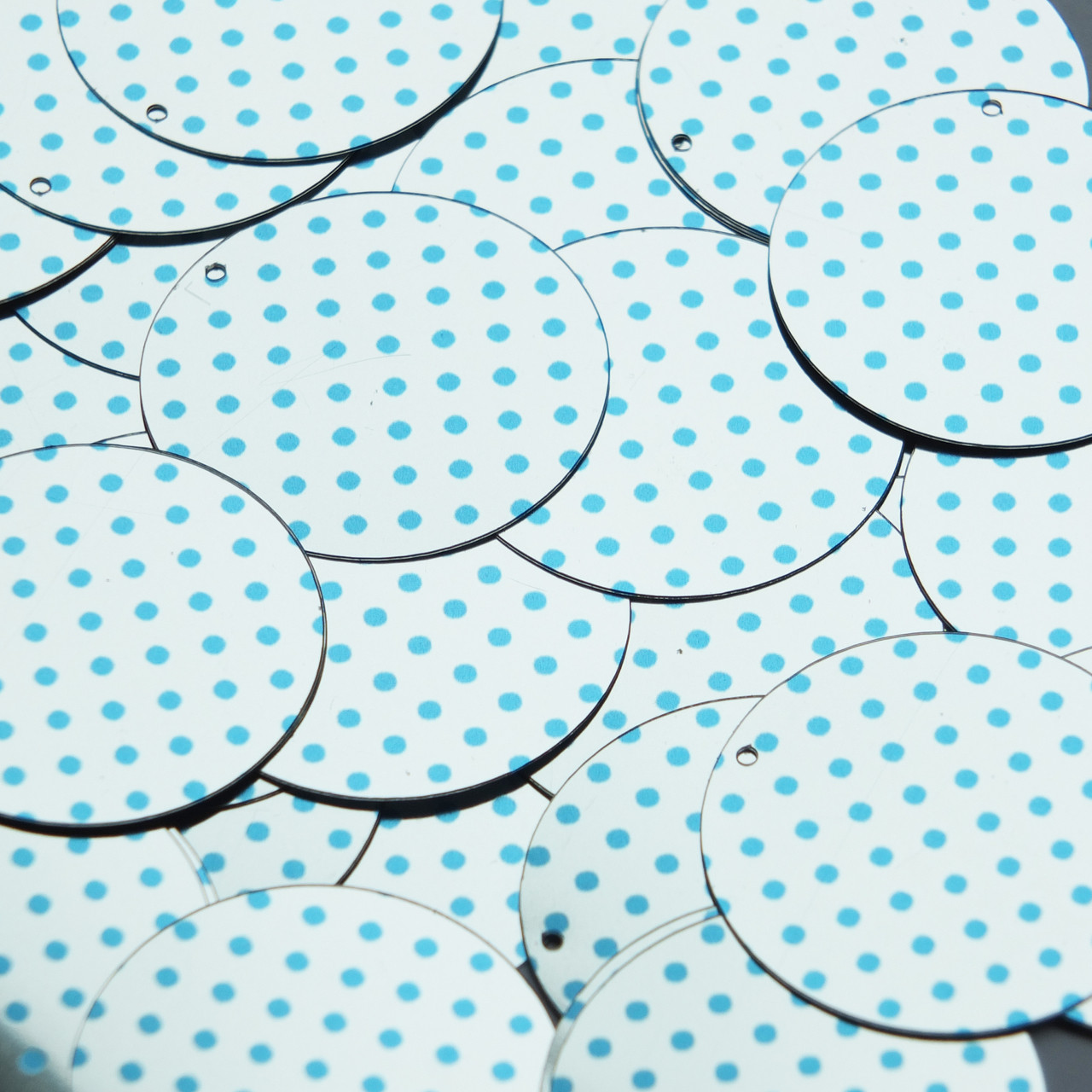 Round Sequin 1.5" Aqua Blue Polka Dot on Silver Metallic