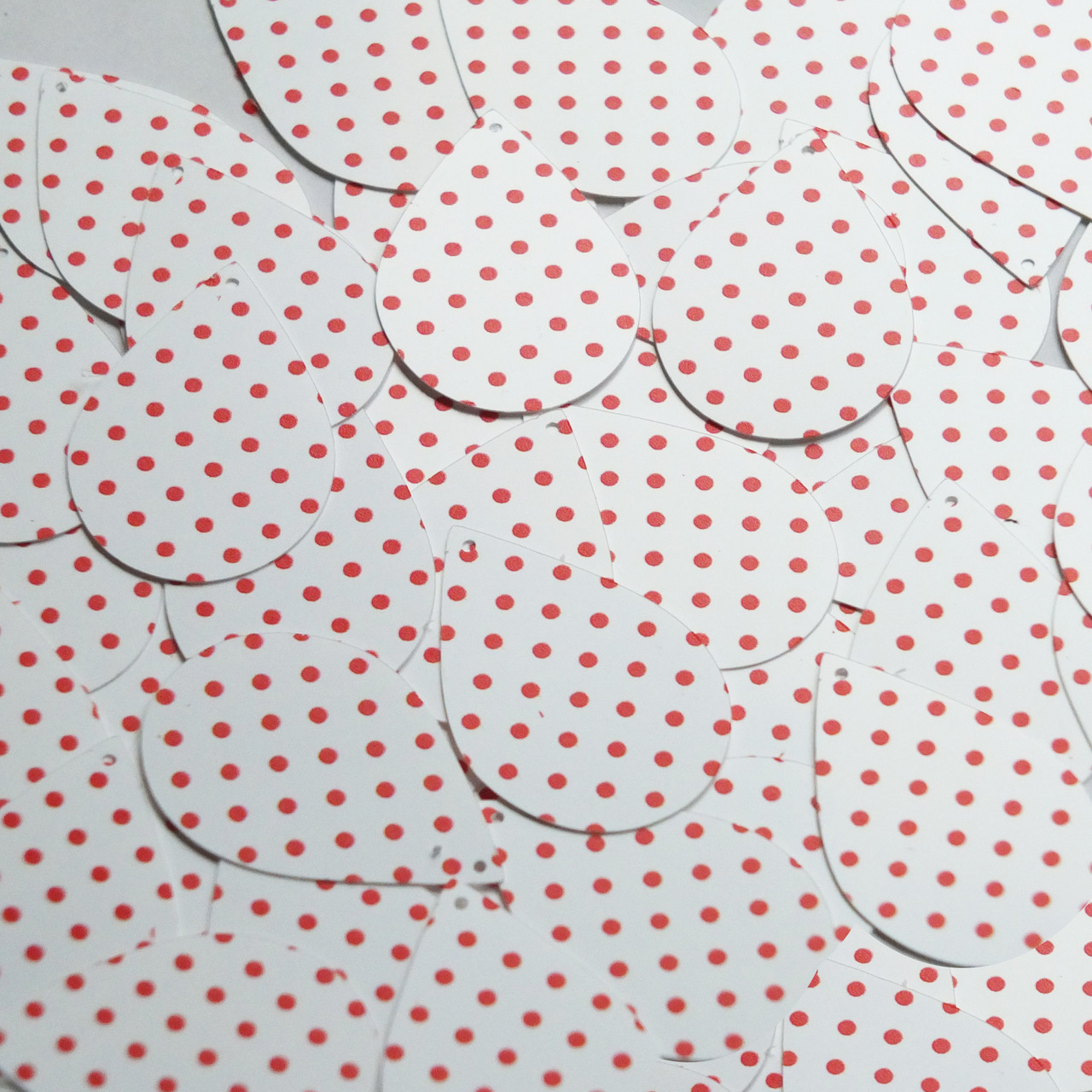 Teardrop Sequin 1.5" Red Polka Dot on White Opaque