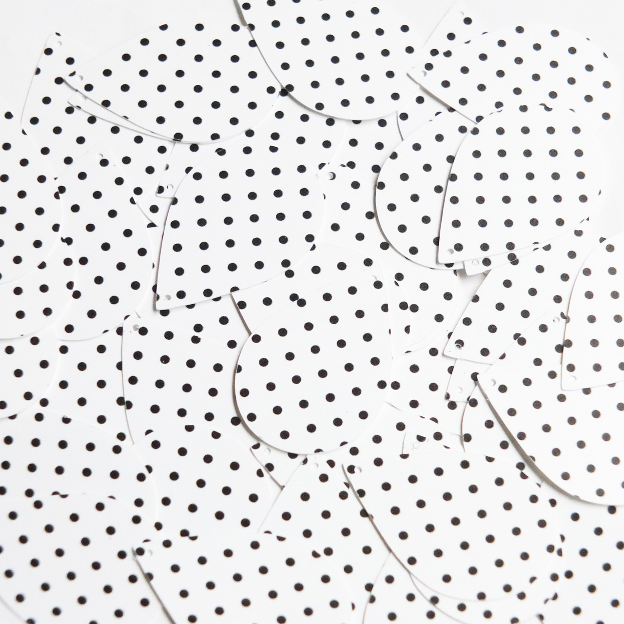 Teardrop Sequin 1.5" Black Polka Dot on White Opaque