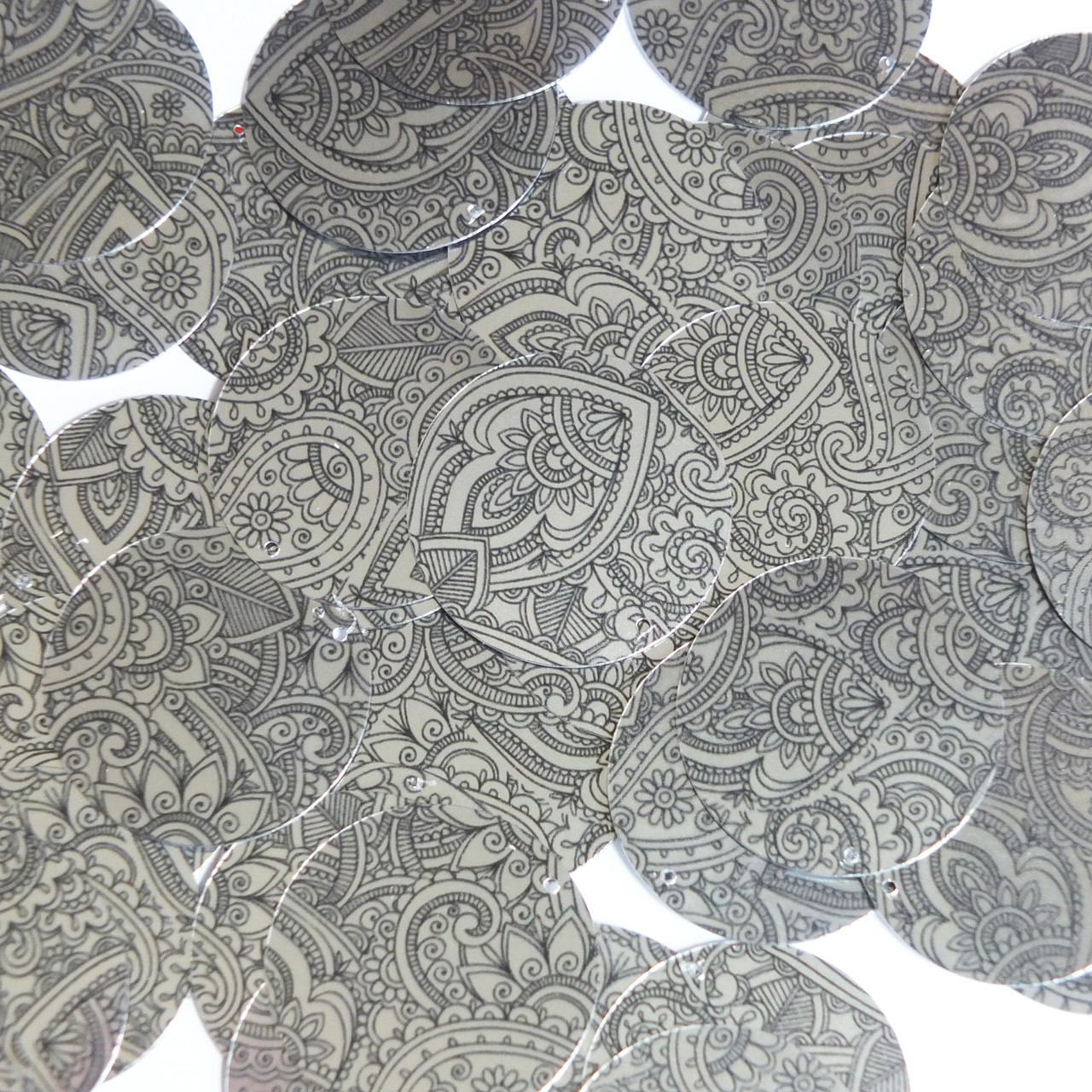 Round Sequins 30mm Mehndi Pattern Black Silver Metallic