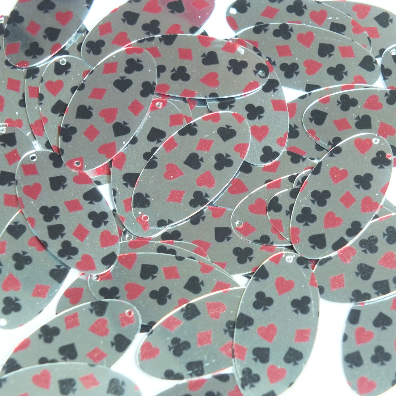Oval Sequins 1.5" Playing Card Clubs Hearts Spades Diamonds Silver Metallic