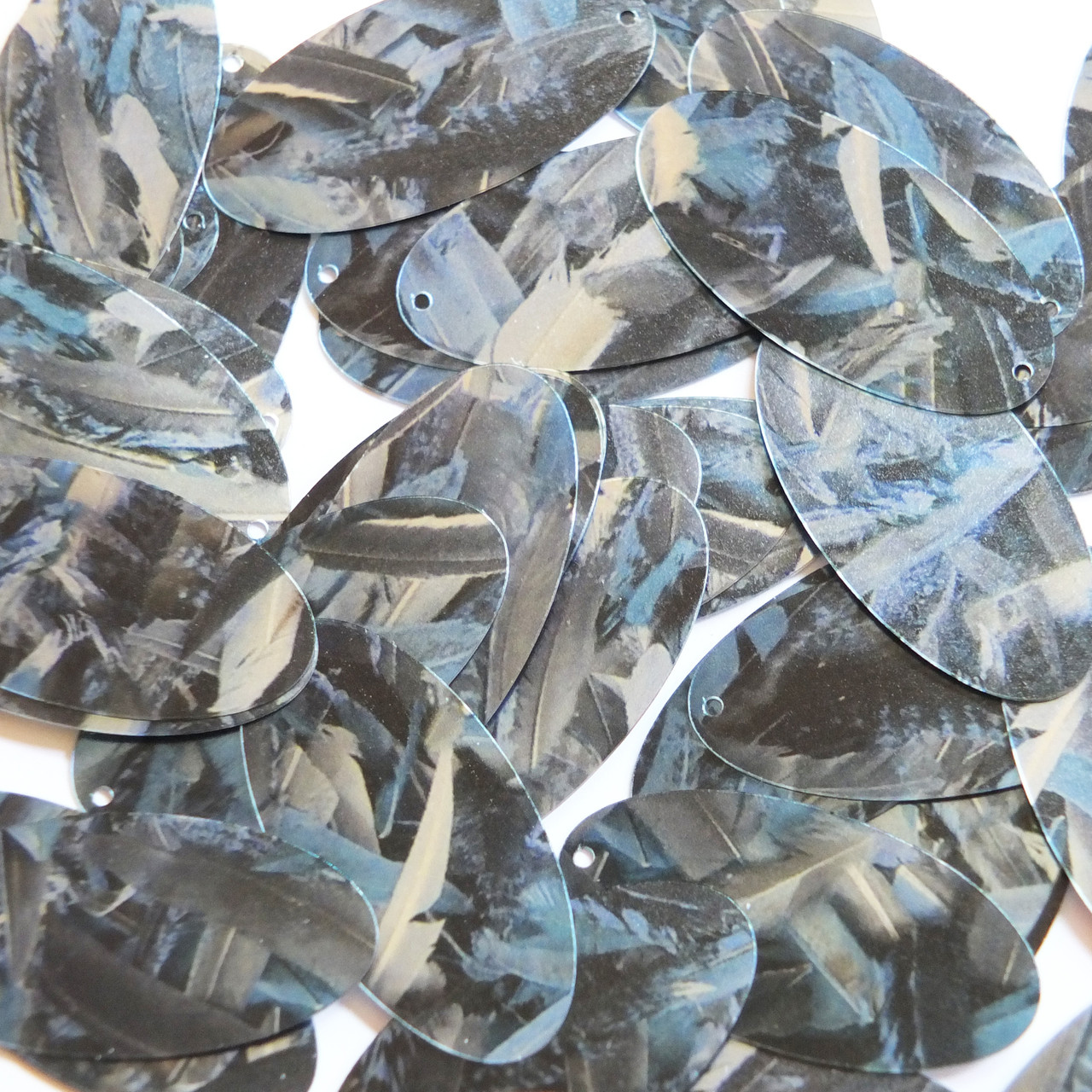 Oval Sequins 1.5" Blue Silver Bird Feathers Print Metallic