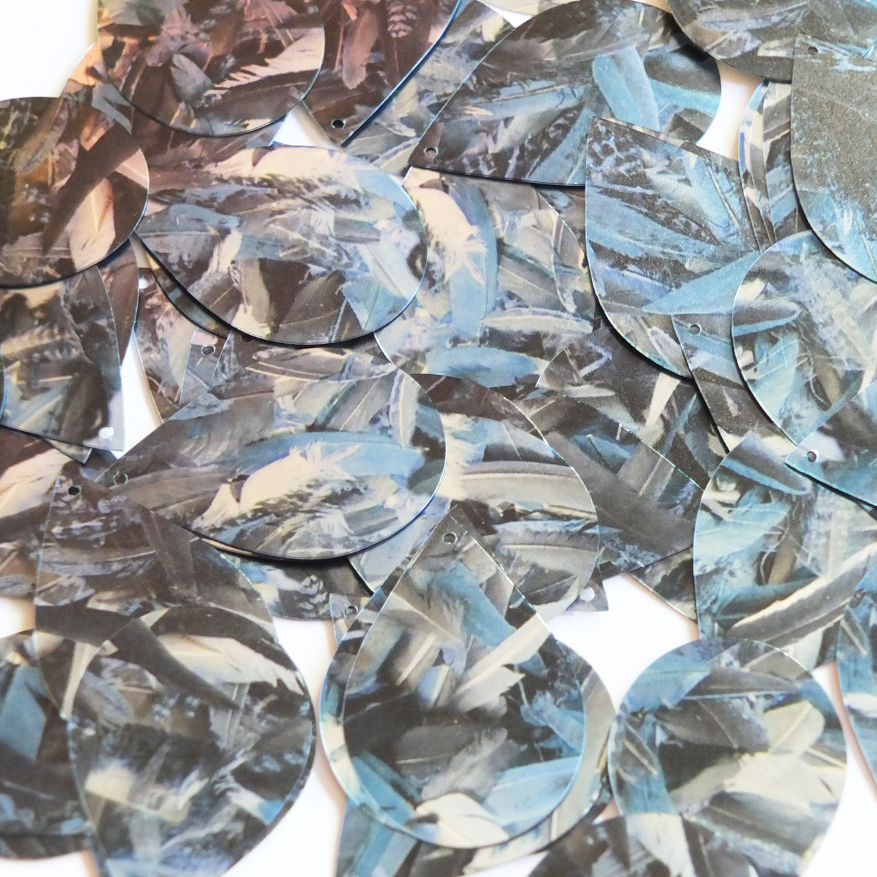 Teardrop Sequins 1.5" Blue Silver Bird Feathers Print Metallic