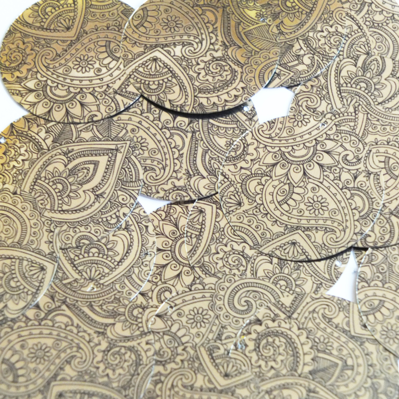 Round Sequins 1.5" Mehndi Pattern Black Gold Metallic