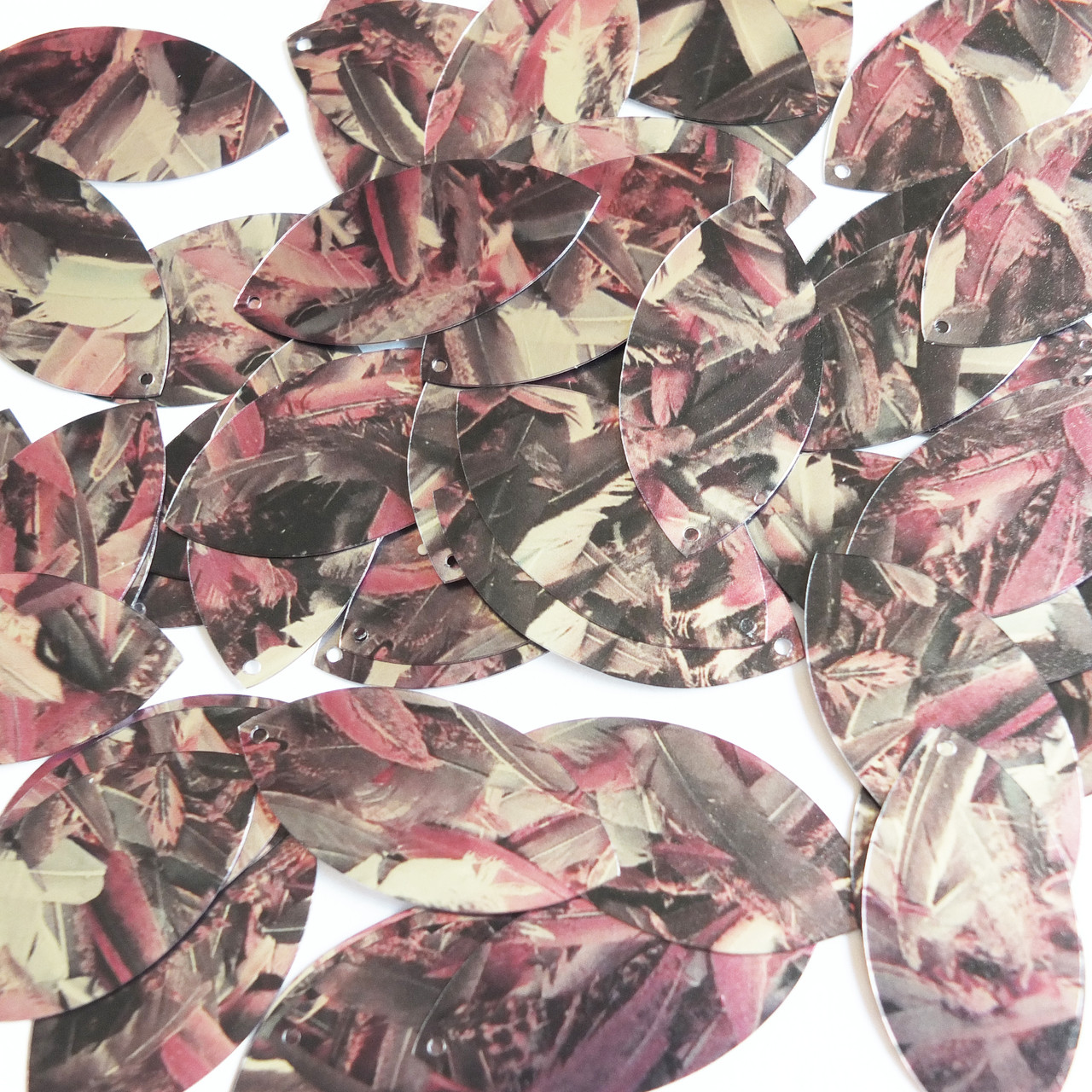 Navette Leaf Sequins 1.5" Pink Silver Bird Feathers Print Metallic