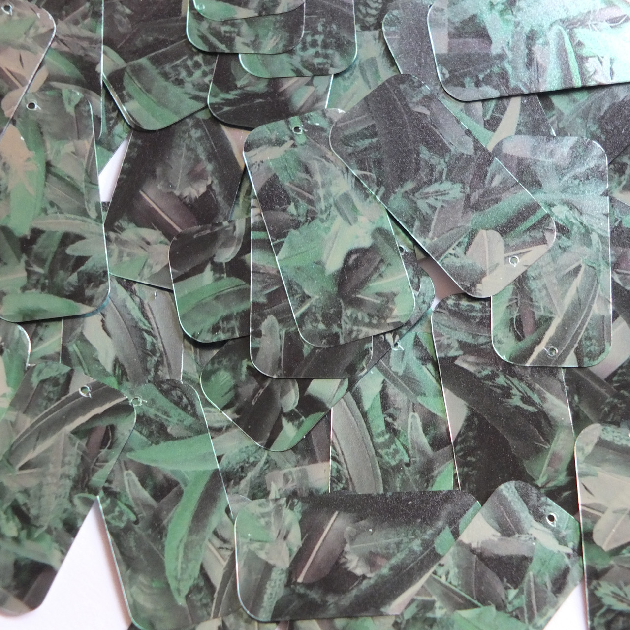 Rectangle Sequins 1.5" Green Silver Bird Feathers Print Metallic