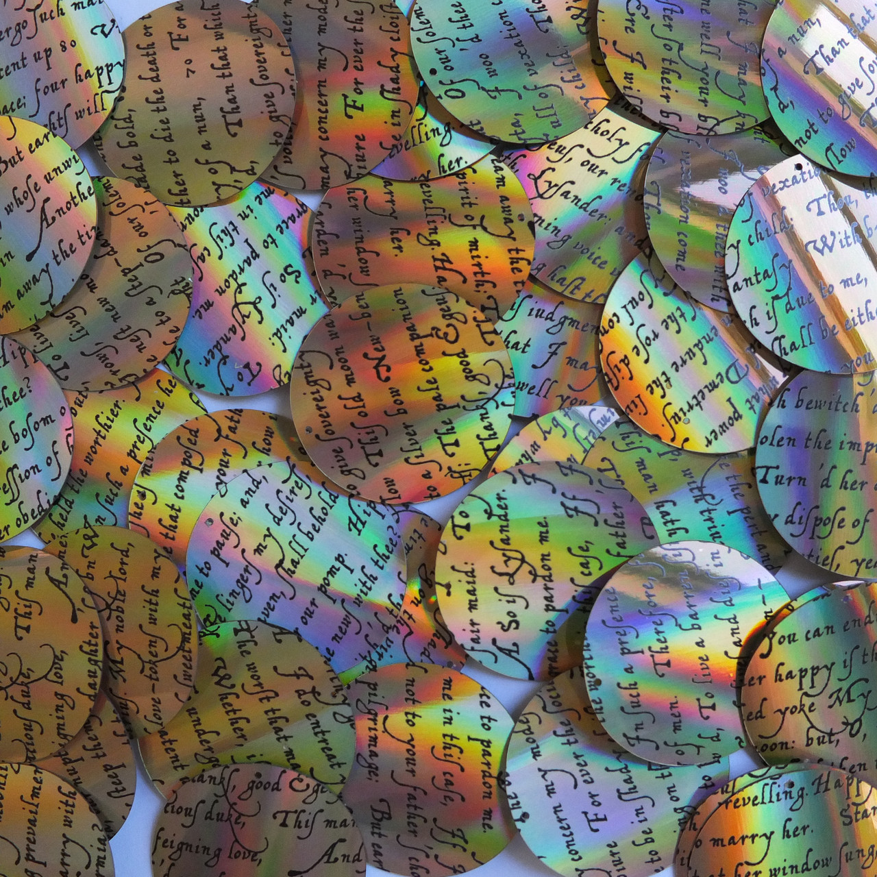 Round Sequins 1.5" Black Gold Lazersheen Midsummer Night's Dream Shakespeare Script Metallic