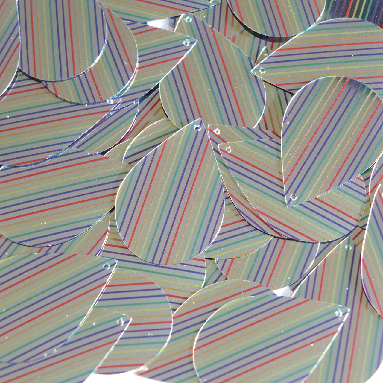 Teardrop Sequins 1.5" Rainbow Pinstripe on Silver Metallic