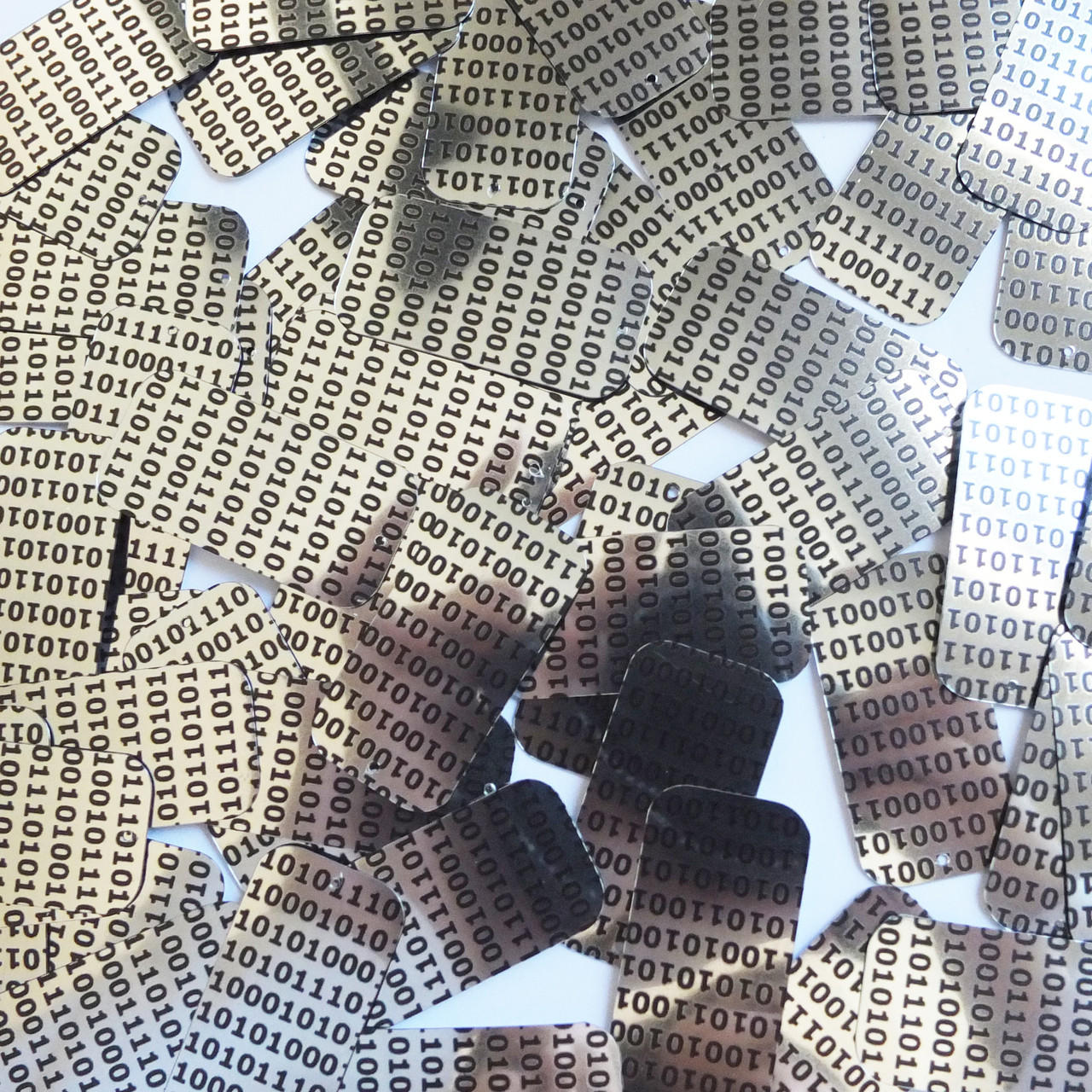 Rectangle Sequins 1.5" Black Silver Binary Tech Code Print Out Metallic