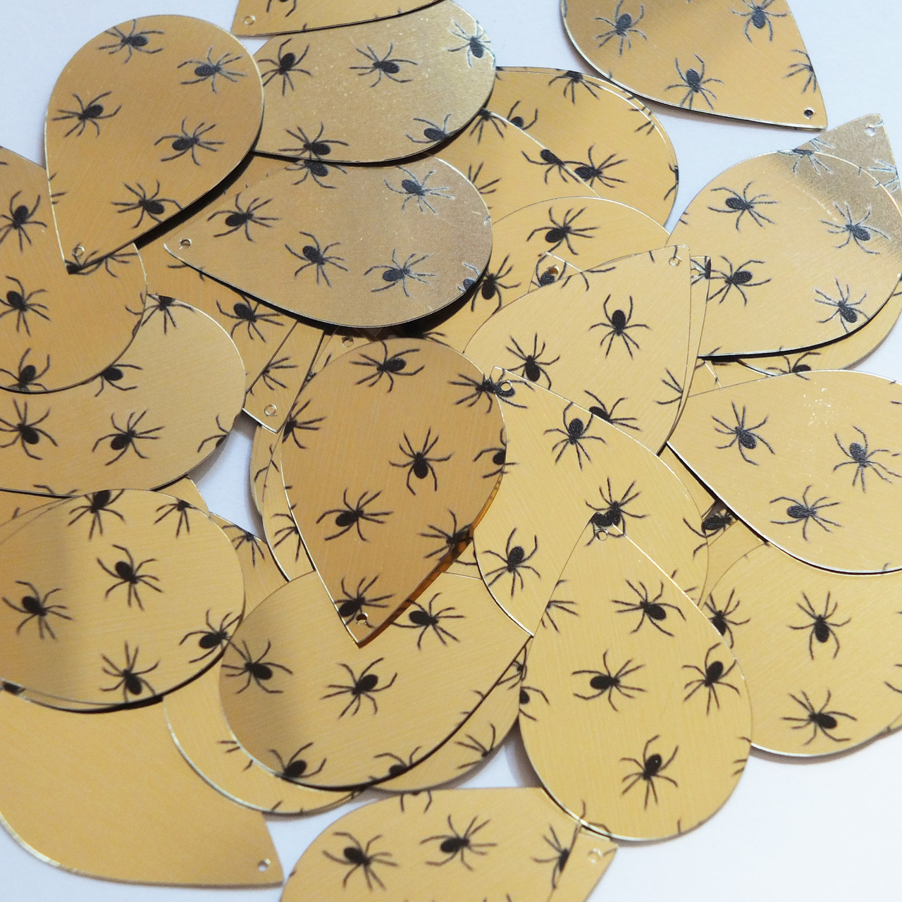 Teardrop sequins 1.5" Black Spiders Print on Gold Metallic