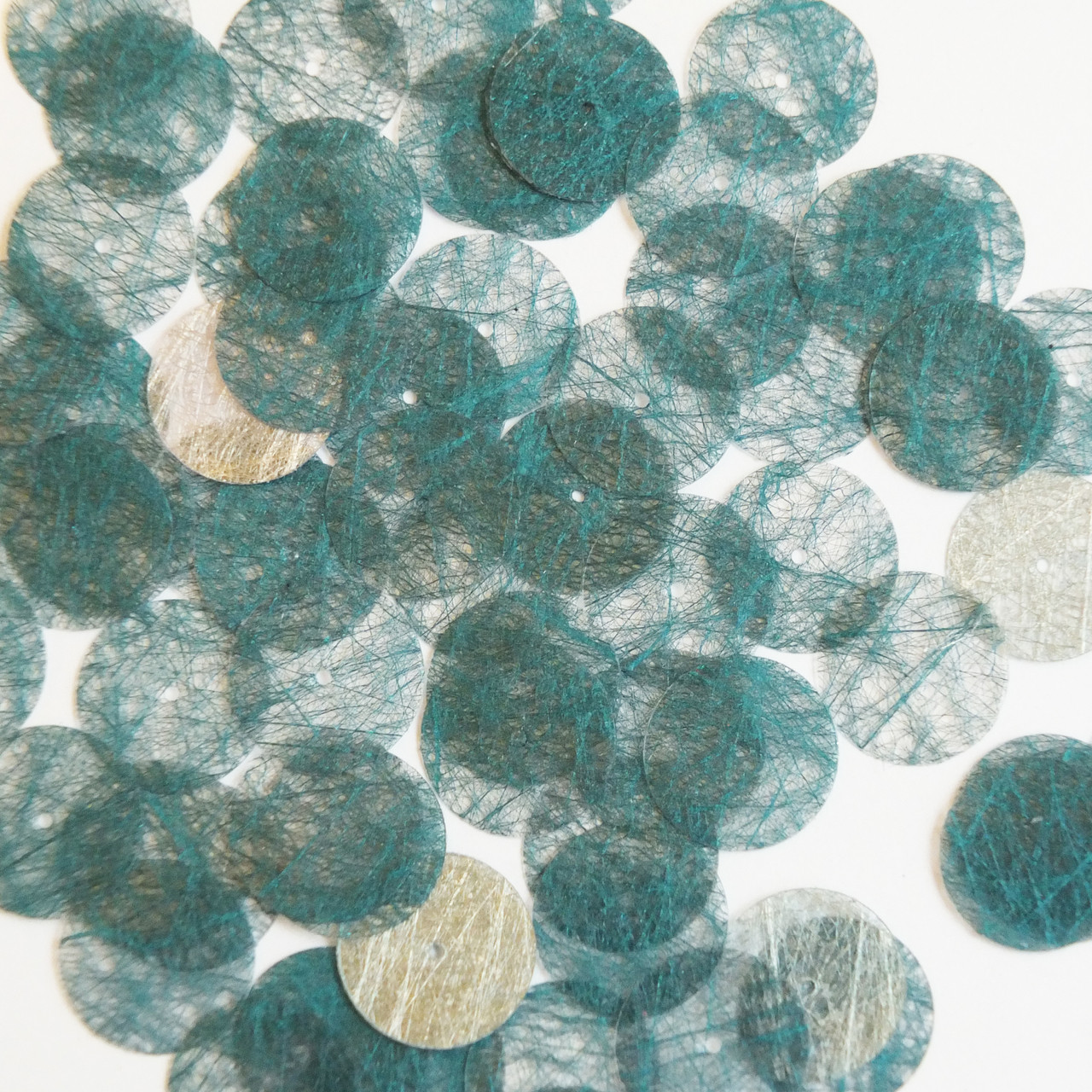 Round sequins 15mm Peacock Teal Silky Fiber Strand Fabric