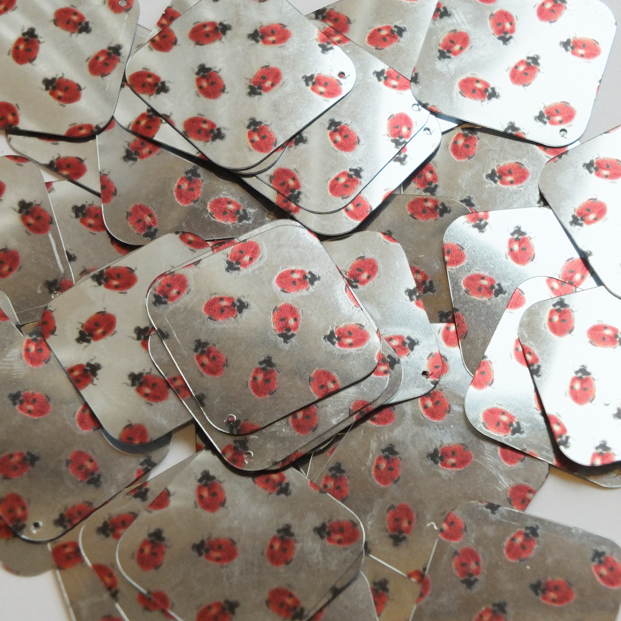 Square Diamond sequins 1.5" Ladybug Ladybird Print on Silver Metallic