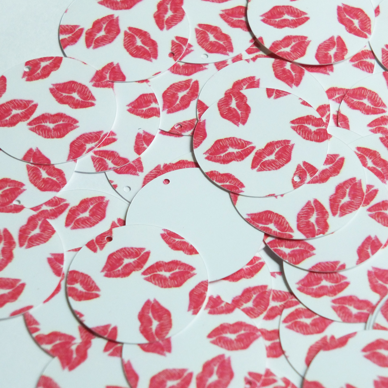 Round Sequin 30mm Red Kiss Lipstick Lips on White Opaque