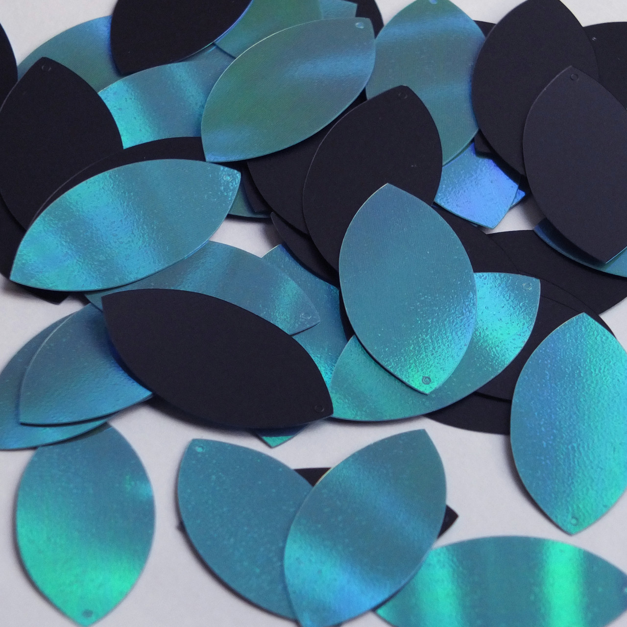 Navette Leaf Sequin 1.5" Periwinkle Blue Matte Black  Rainbow Iris and Matte Duo Two Sided