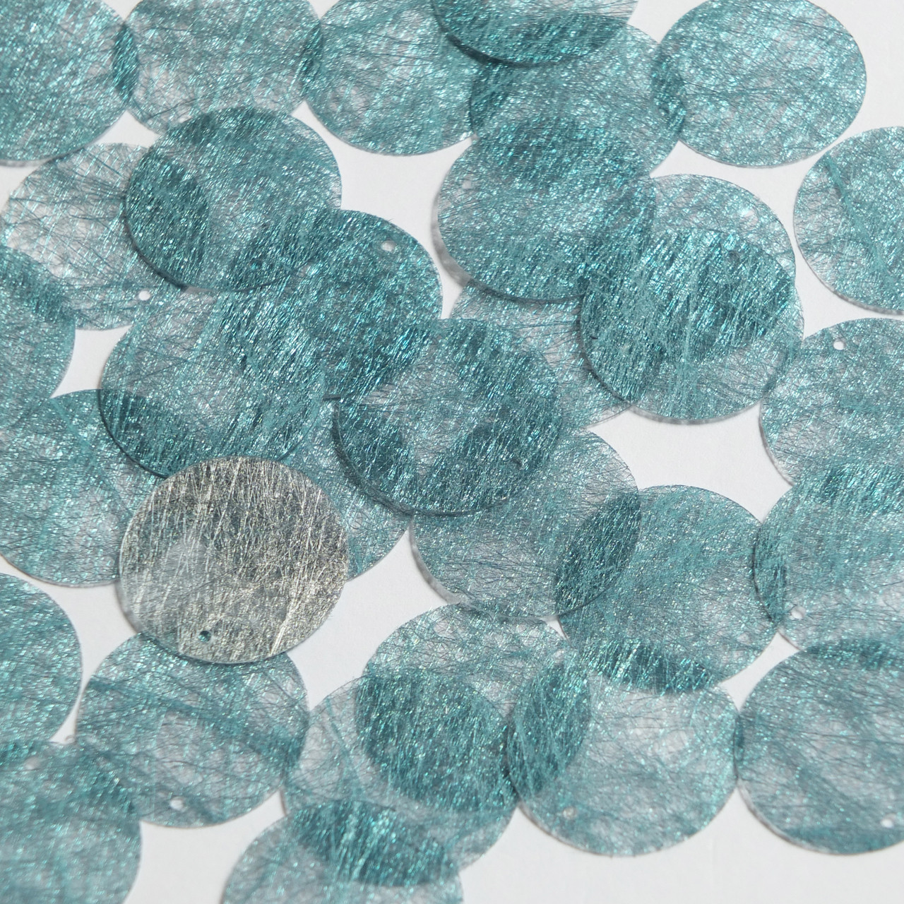 Round Sequin 24mm Aqua Blue Silky Fiber Strand Fabric