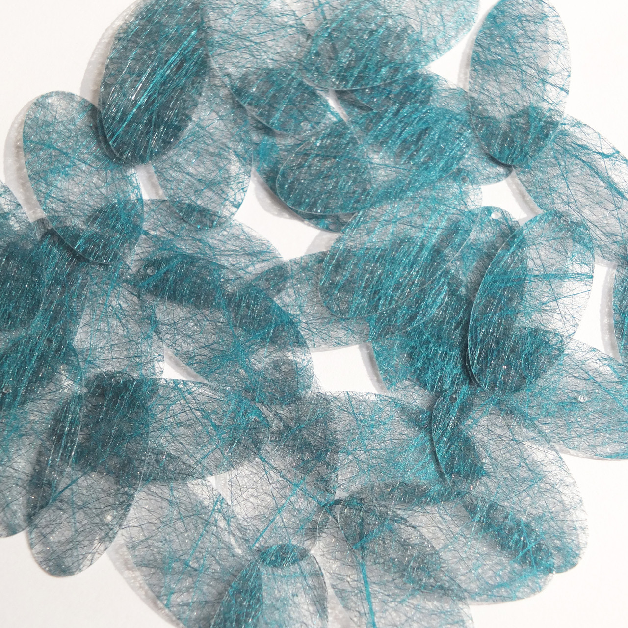 Oval Sequin 1.5" Deep Teal Blue Green Silky Fiber Strand Fabric