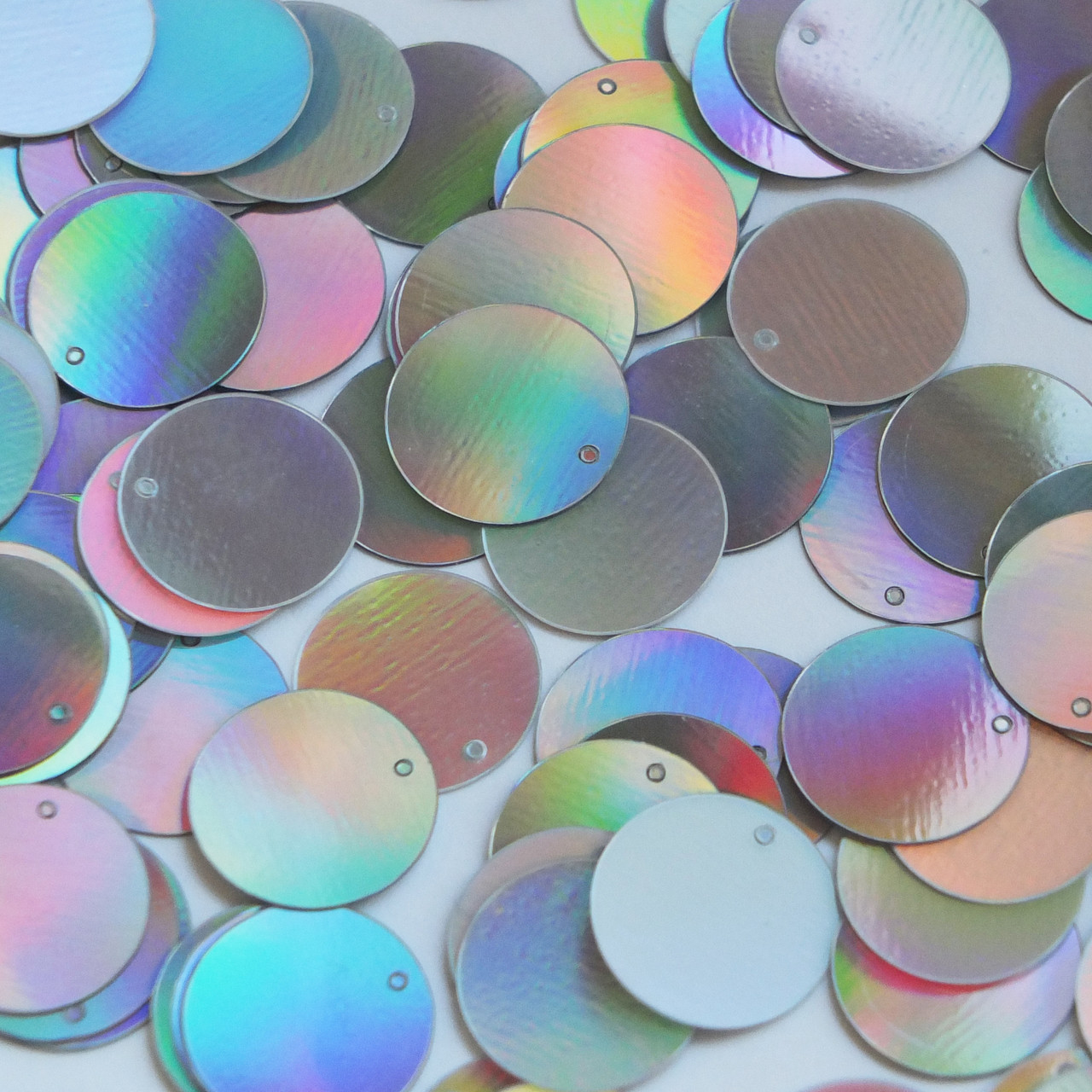 Round  Flat Sequin 15mm Top Hole Silver Lazersheen Rainbow Reflective Metallic