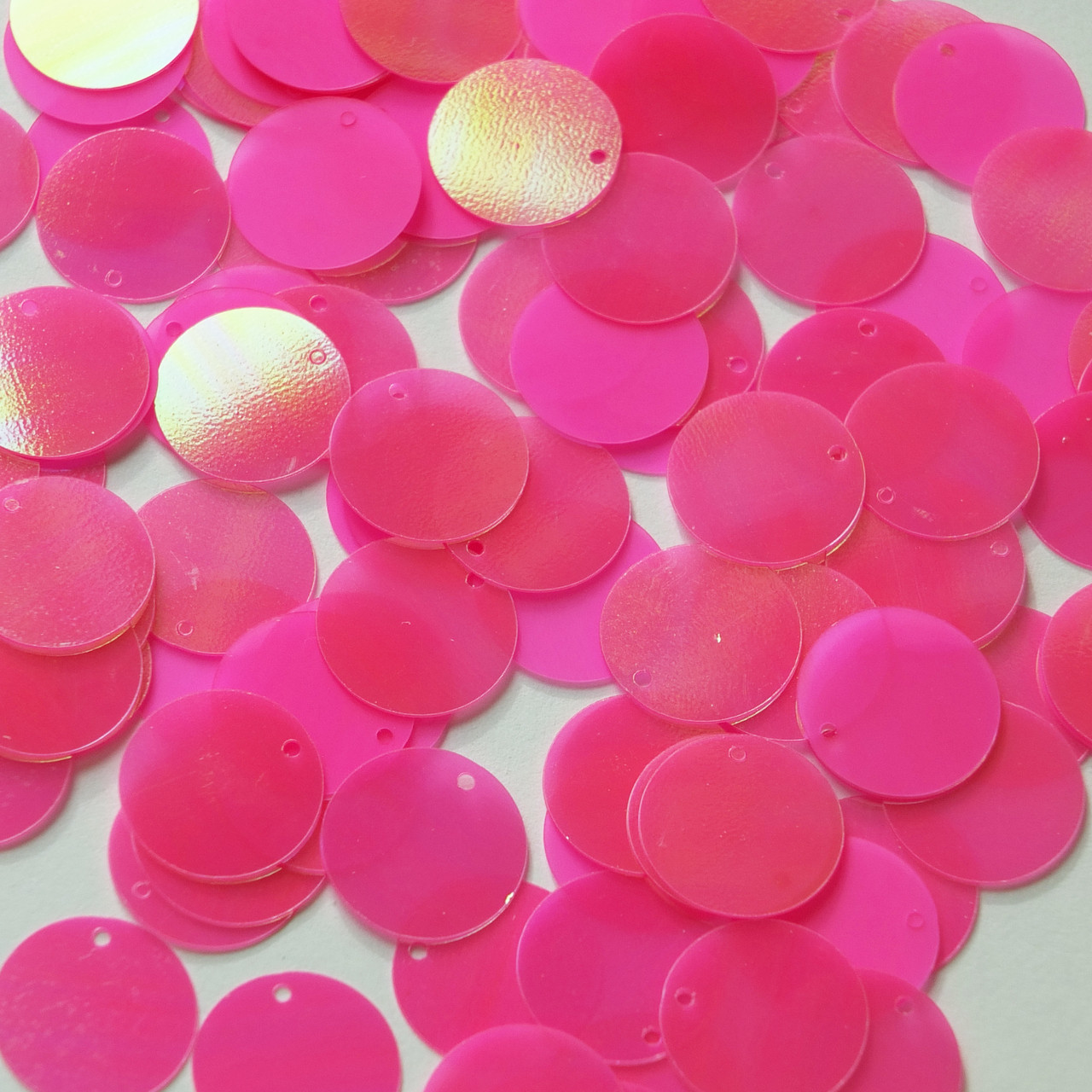 Round  Flat Sequin 12mm Top Hole Bright Pink Rainbow Iris Fluorescent Matte Opaque Back Reversible