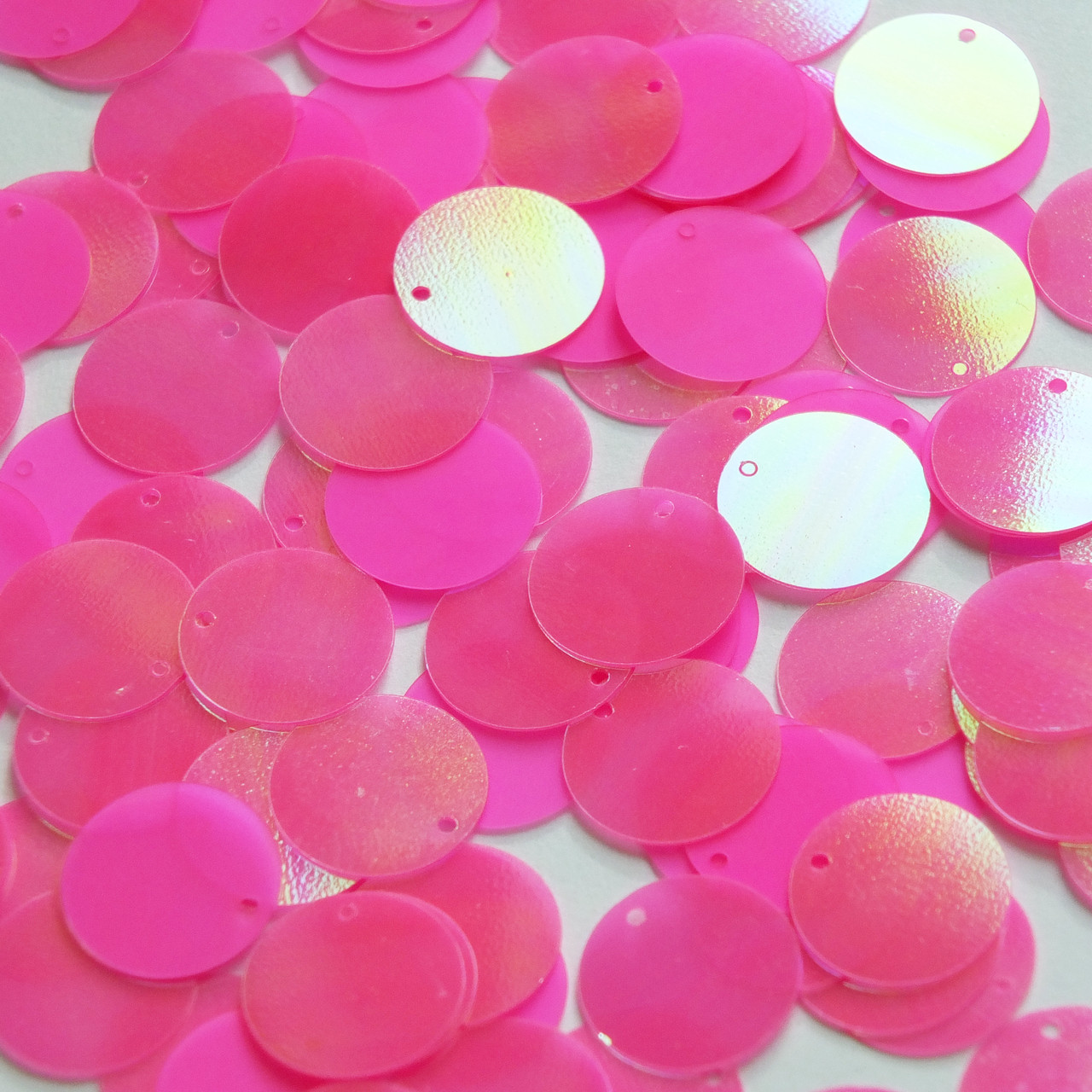 Round  Flat Sequin 18mm Top Hole Bright Pink Rainbow Iris Fluorescent Matte Opaque Back Reversible