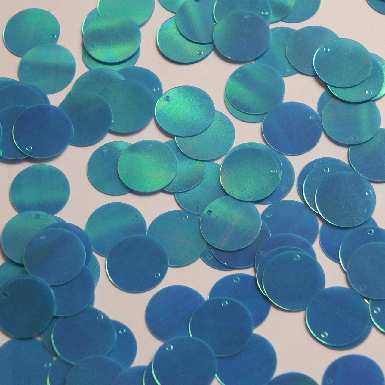 Round  Flat Sequin 15mm Top Hole Aqua Blue Rainbow Iris Opaque Glossy Back Reversible